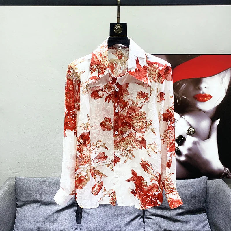 Autumn Men'S Temperament Light Luxury Thin Tops Breathable Jacquard Lapel Shoulder Pad Print Creativity Tide Shirts 21Z1993