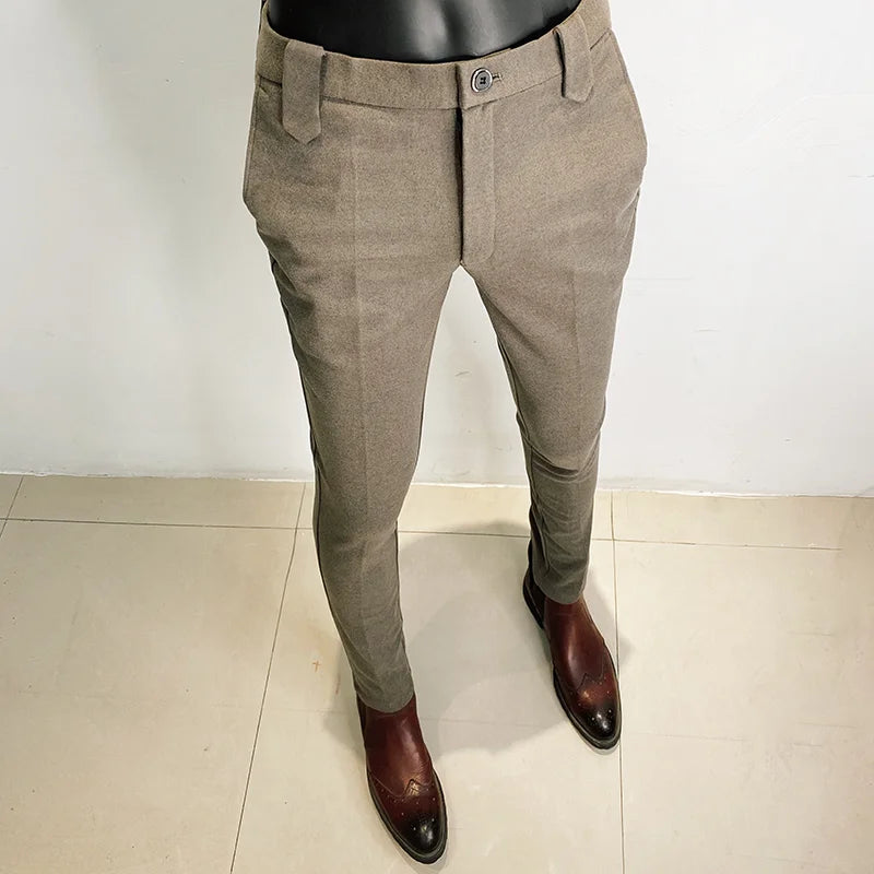Pantalon hommes décontracté coupe ajustée pantalon droit formel affaires laine tissu Social bureau robe pantalon