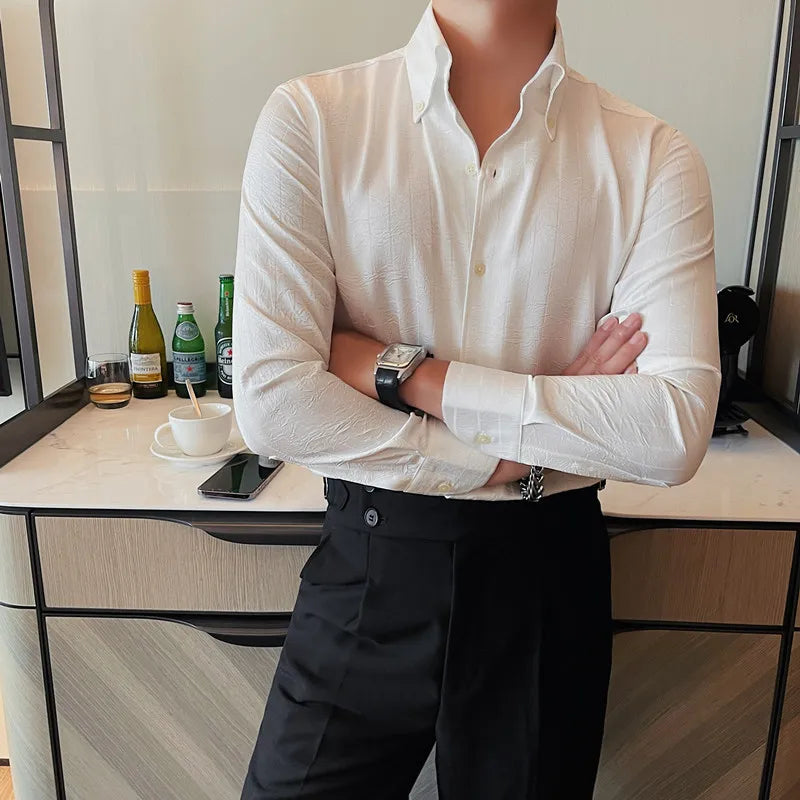 Chemise style  coréen pour homme vêtements De luxe haute qualité rayures foncées à manches longues coupe ajustée