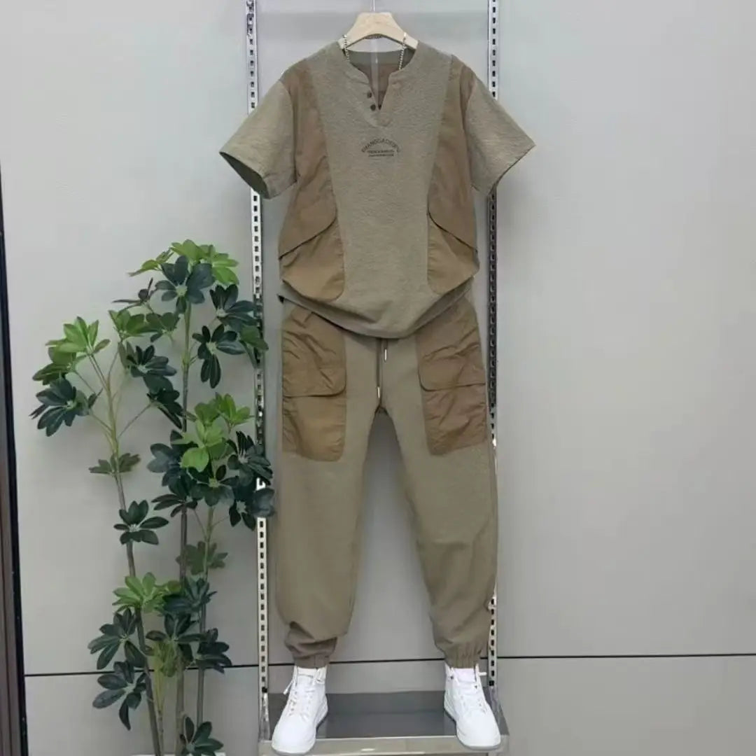Costume brodé fin à manches courtes pour hommes, ensemble deux pièces pour hommes, pantalon décontracté en dentelle, à la mode, été
