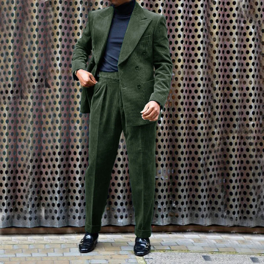 Ensemble Veste et pantalon en velours côtelé pour hommes, tenue de mariage décontractée, double boutonnage, revers Entièrement trempé, 2 pièces