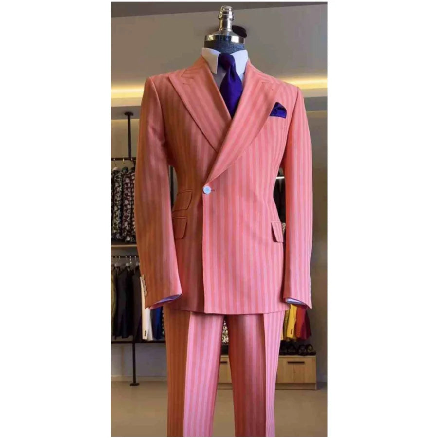 Costumes 2 pièces à rayures roses pour hommes, Double boutonnage, revers à pointe, vêtements personnalisés pour Banquet, fête de mariage, smoking, robe de marié, nouvelle collection