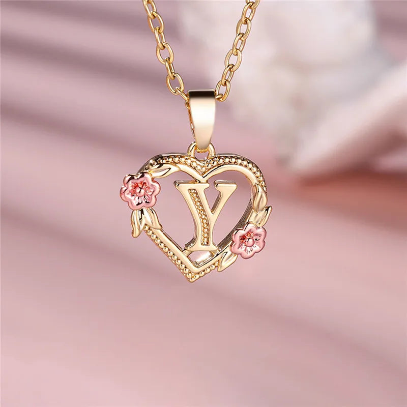 Collier pendentif fleur lettre A-Z pour femmes, couleur or jaune, bijoux de mariage, cadeau pour femmes