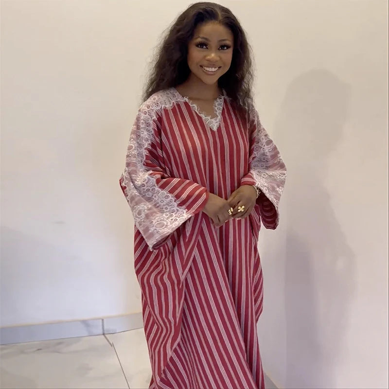 Robe mode dentelle Patchwork à manches longues   Nouveau Design rayé pour femmes col en V lâche