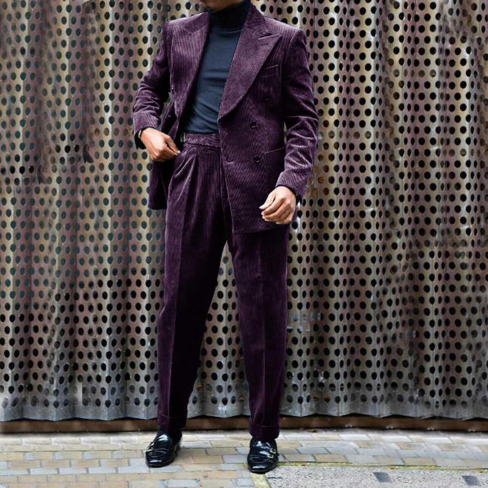 Ensemble Veste et pantalon en velours côtelé pour hommes, tenue de mariage décontractée, double boutonnage, revers Entièrement trempé, 2 pièces