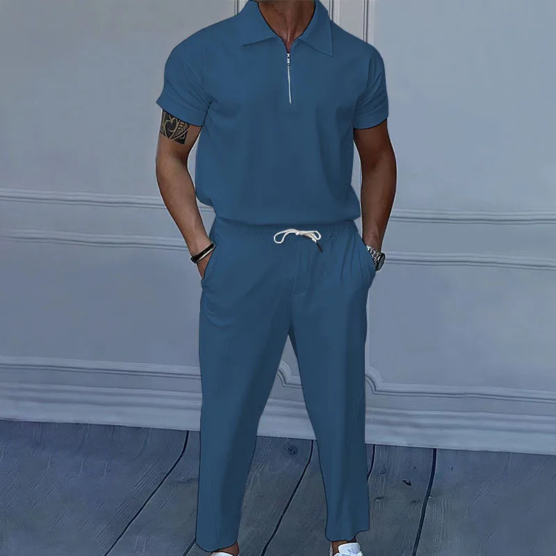 Ensemble pour hommes  couleur unie, revers, manches courtes, fermeture éclair, pantalon, nouvelle collection 2026