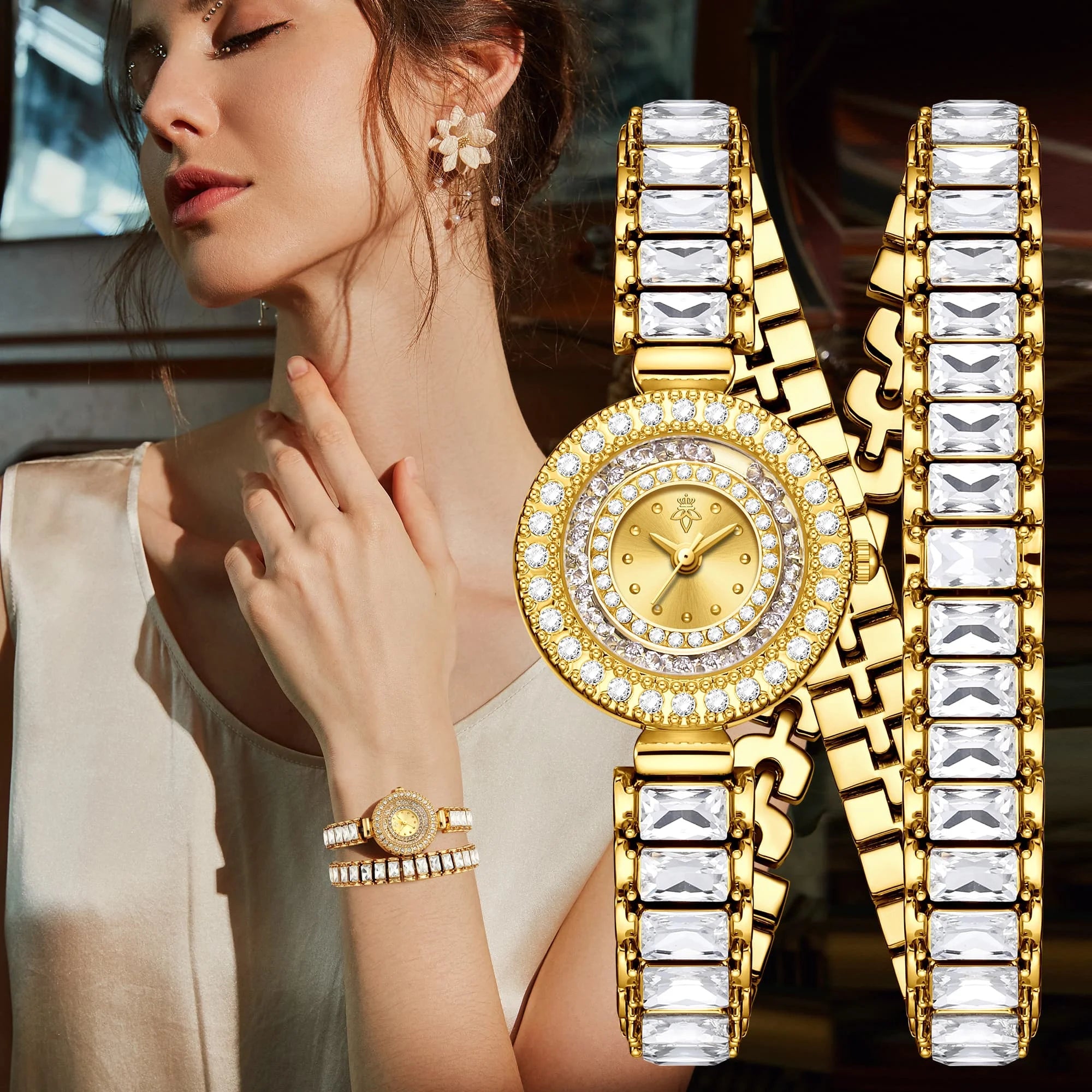 YaLaLuSi 1pc dames montre à Quartz scintillante de luxe strass Wrap bracelet conception élégant or yeux brillants coffret cadeau