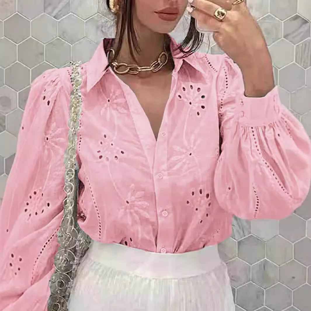 Chemise Brodée à Manches sulfpour Femme, Chemisier en Y Décontracté, Couleur Unie, avec lèvent, Collection Automne 2024