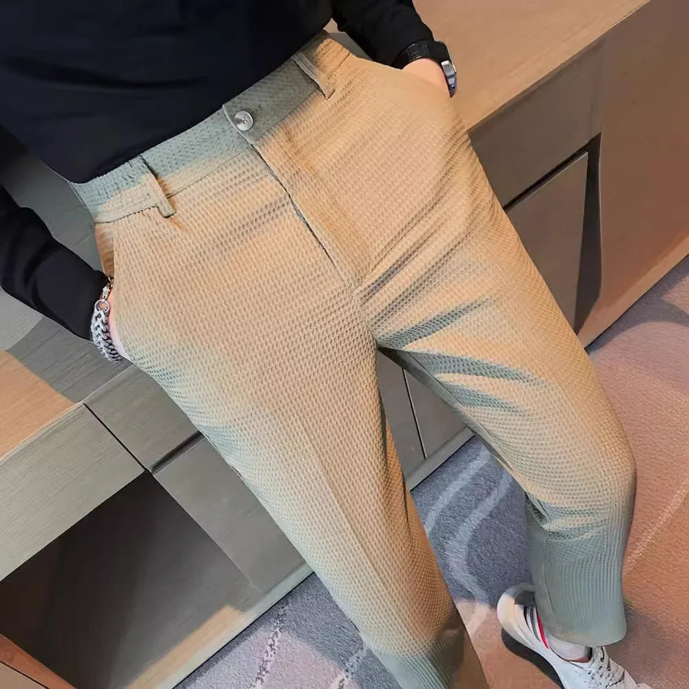 Pantalon de costume à carreaux pour hommes, tendance, haut de gamme, amincissant, décontracté, Business, jambes droites, pour l'été, léger et respirant