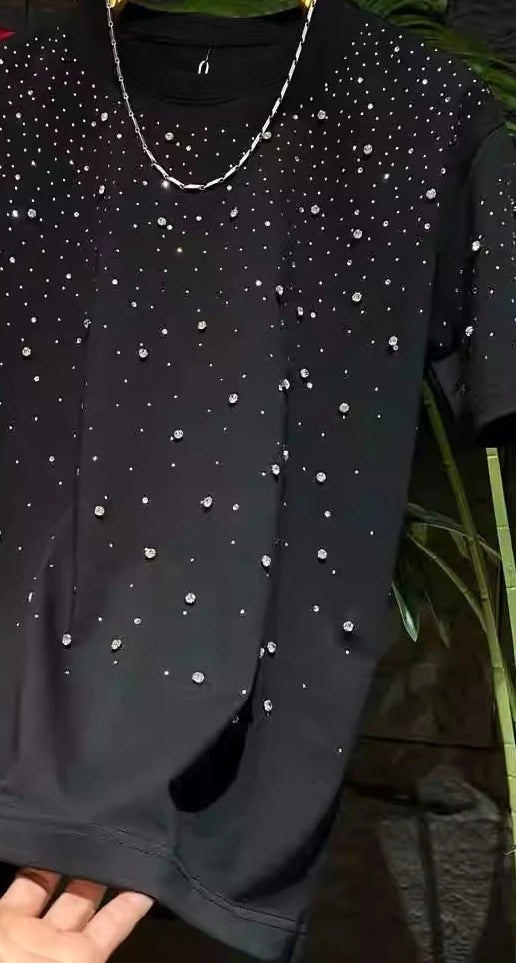 T-shirts chaud diamant Rivets ciel étoilé à manches courtes pour hommes de luxe polyvalent
