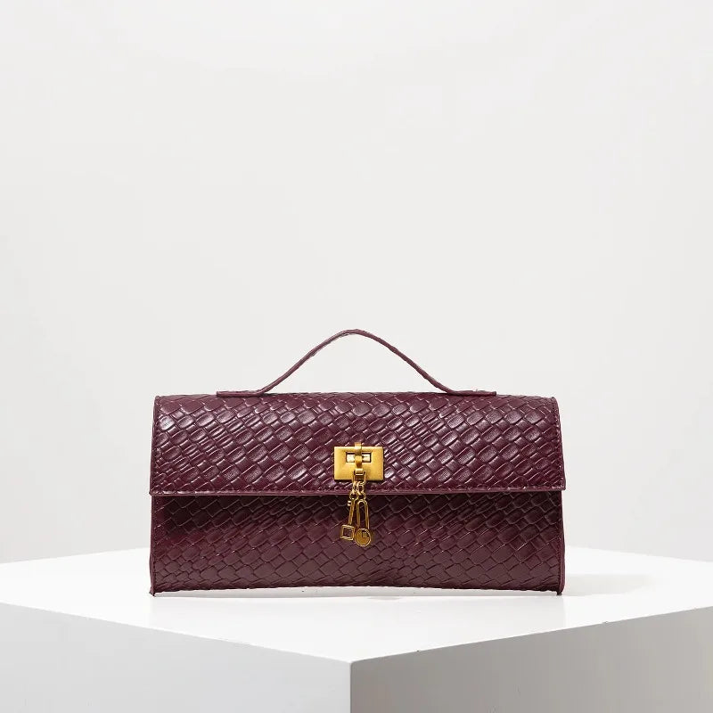 Sac à main rectangulaire tissé en simili cuir rétro, pochette pour femme, avec fermeture éclair, sac de dîner élégant, portefeuille rouge vin