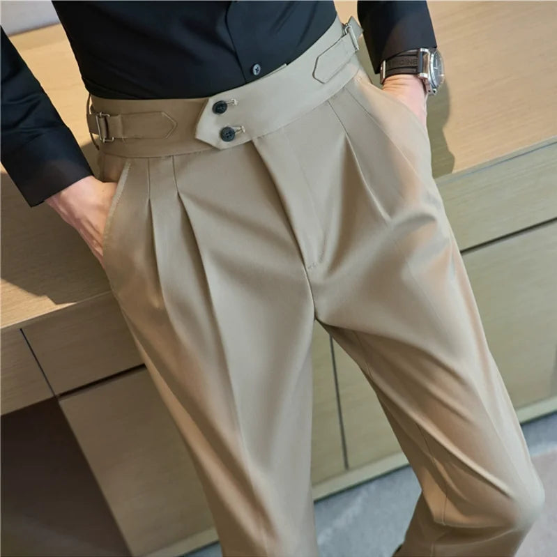 Style britannique hommes taille haute tenue décontractée pantalon hommes ceinture conception mince pantalon formel bureau Social robe de soirée de mariage costume pantalon