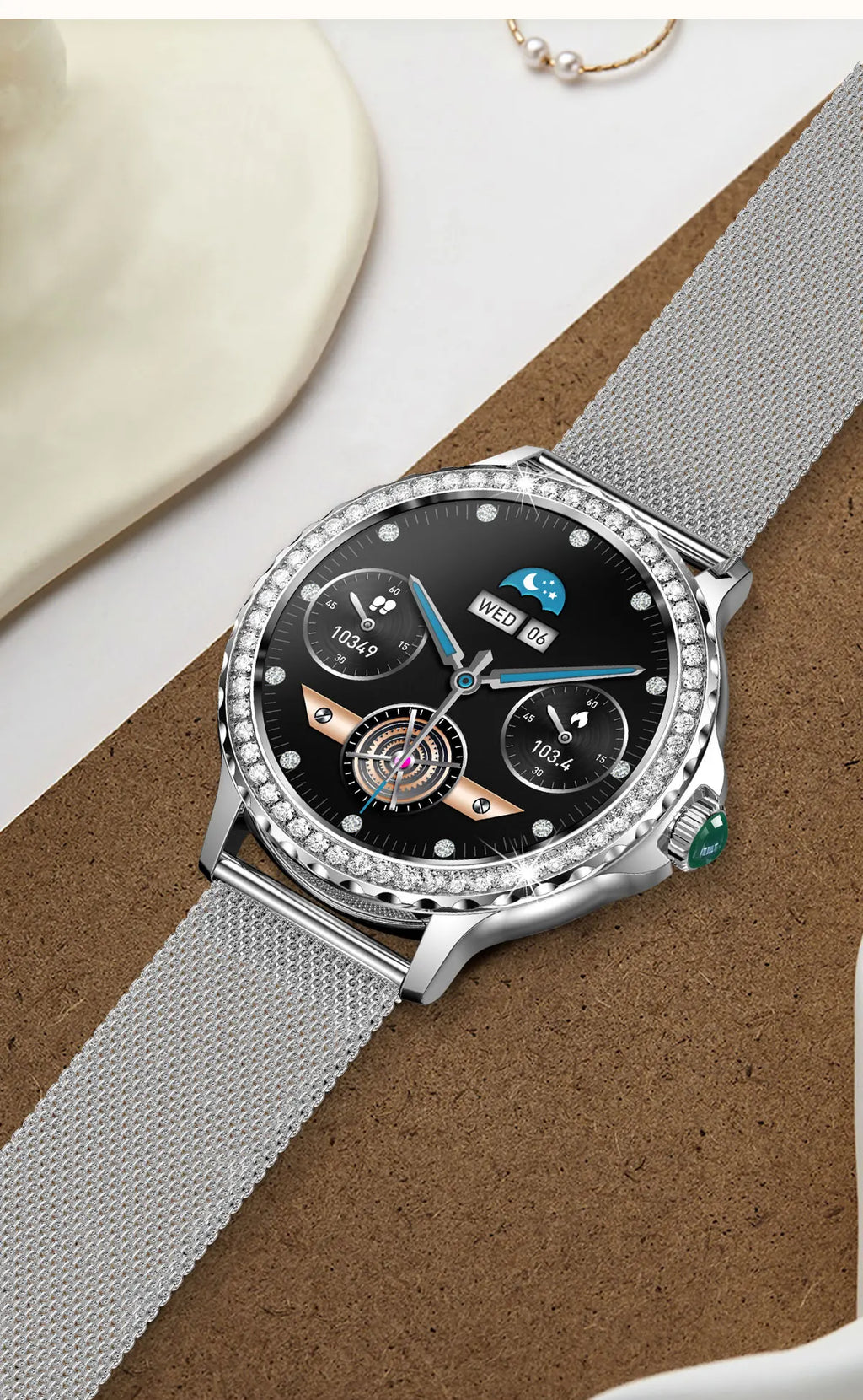 Montre intelligente diamant femme bracelet en métal 1.3 pouces écran HD appels Bluetooth moniteur de santé décoration de mode montre-bracelet