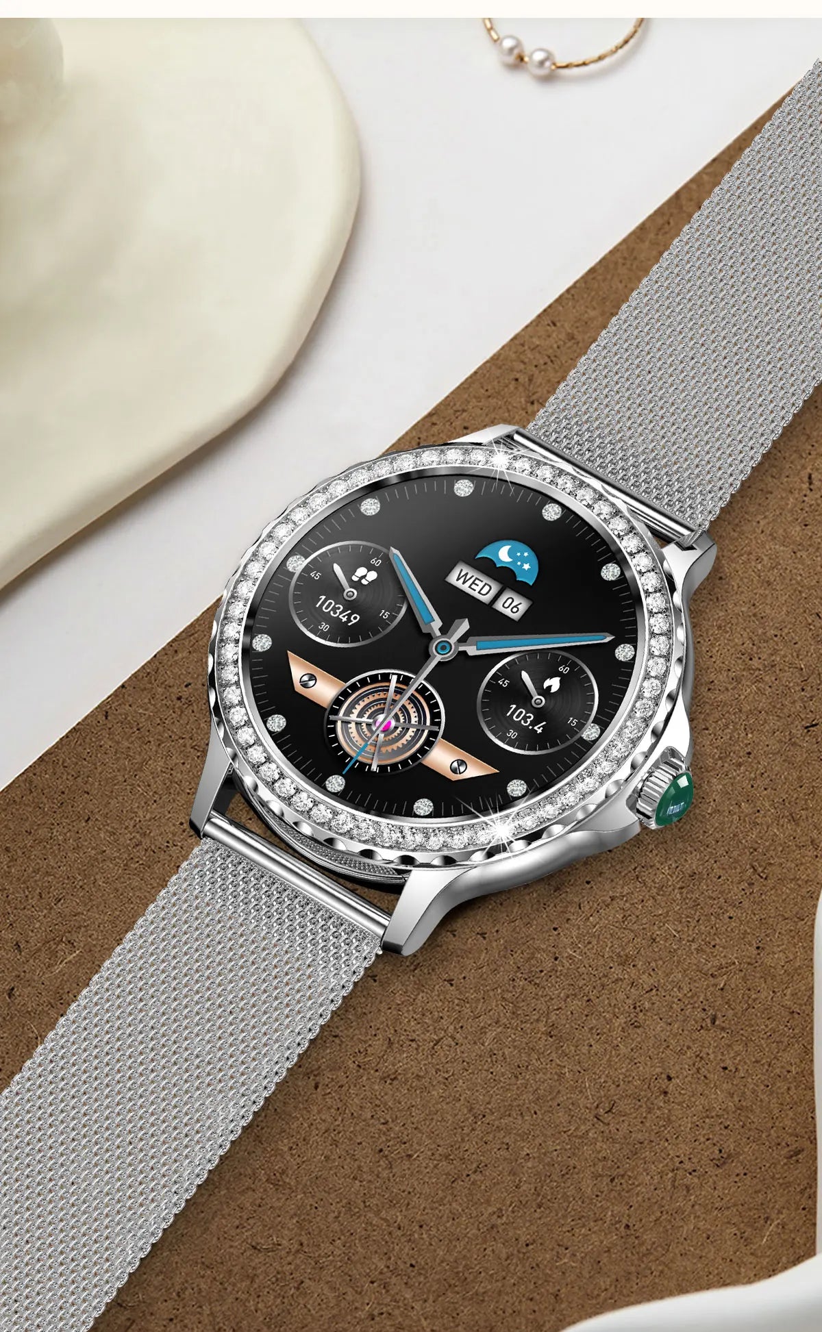Montre intelligente diamant femme bracelet en métal 1.3 pouces écran HD appels Bluetooth moniteur de santé décoration de mode montre-bracelet