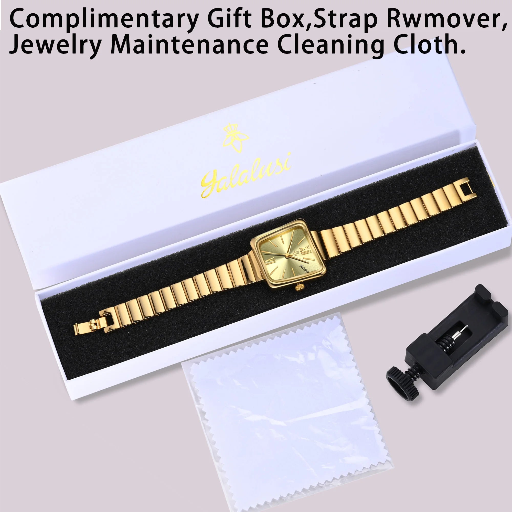 YaLaLuSi Montre à quartz dorée personnalisée pour femme Boîte cadeau de luxe au design minimaliste plaqué or incluse Cadeau parfait pour les femmes