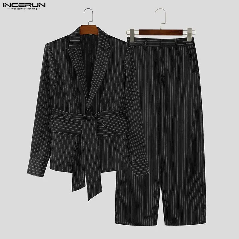 Ensemble homme  Striped Sets Elegant Long Sleeve Lace Up Blazer & Pants Two Pieces Sets Streetwear Loose Fashion Casual Men's Suits