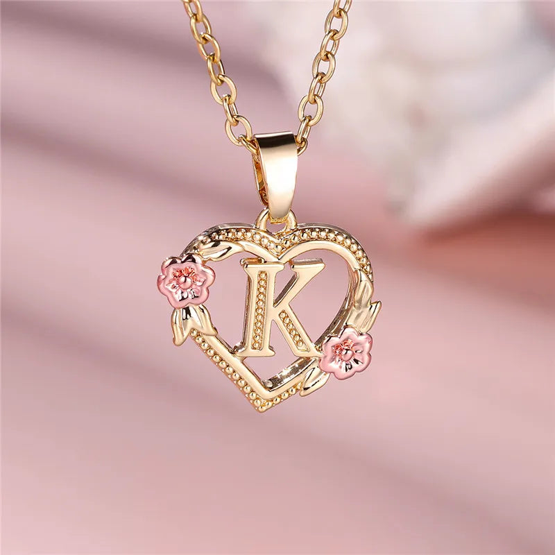 Collier pendentif fleur lettre A-Z pour femmes, couleur or jaune, bijoux de mariage, cadeau pour femmes