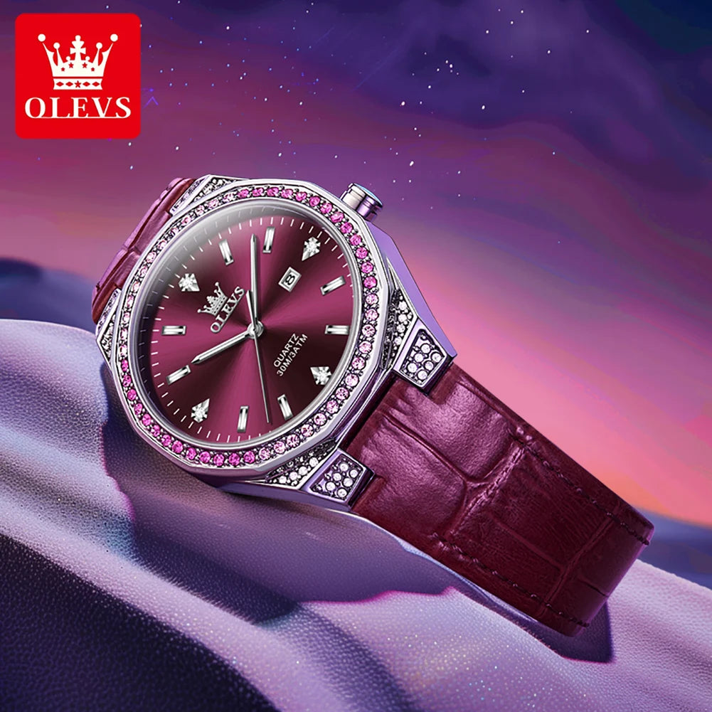 OLEVS Original femmes montres diamant tour mode bracelet en cuir 3m étanche lumineux dames montre-bracelet montre à Quartz pour les femmes