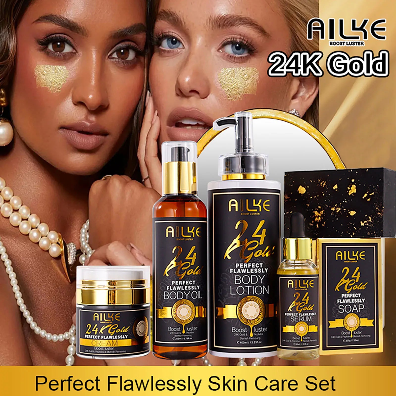 AILKE 24K Glod Gamme de soins pour la peau impeccable, blanchissant la peau, réduit les taches foncées, la mélanine, les rides, hydrate, pour femmes et hommes