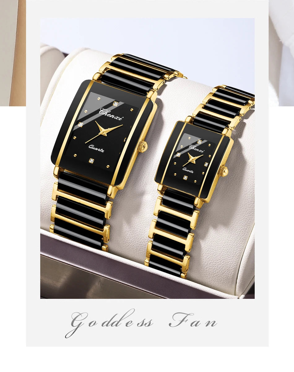 Montre de luxe pour Couple de haute qualité mode cristal cadran rectangulaire montre à Quartz hommes femmes saint valentin cadeau de mariage