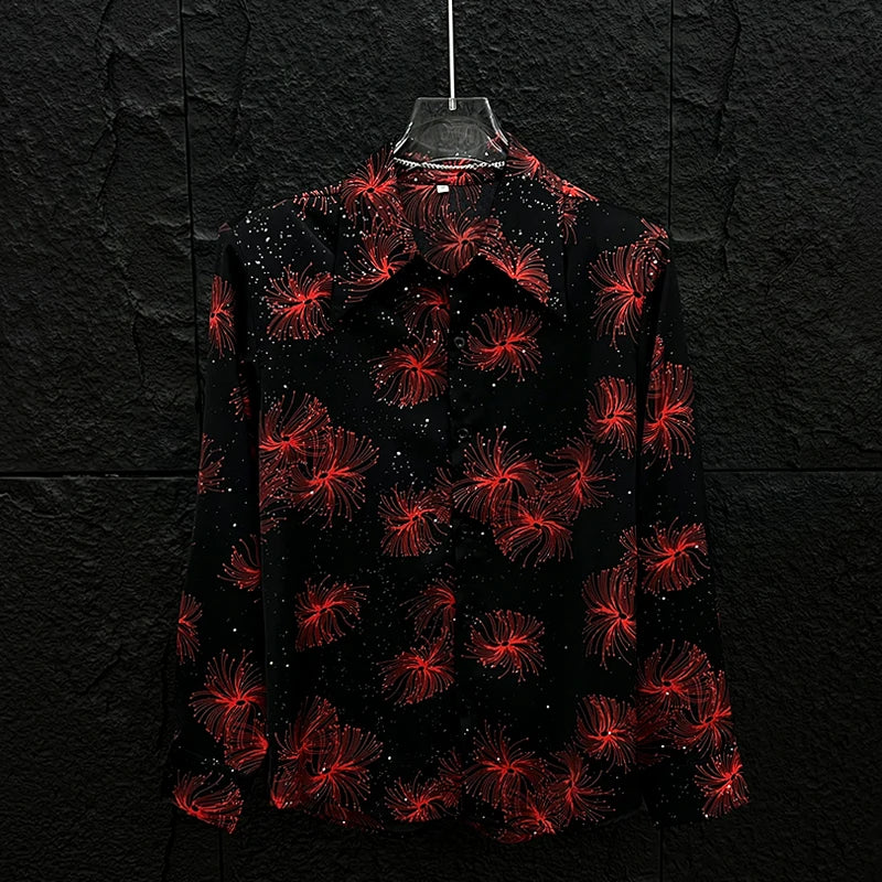 Mode coréenne brillant paillettes à manches longues en mousseline De soie chemises homme femme Vintage rembourré épaule imprimé chemise Camisas De Hombre