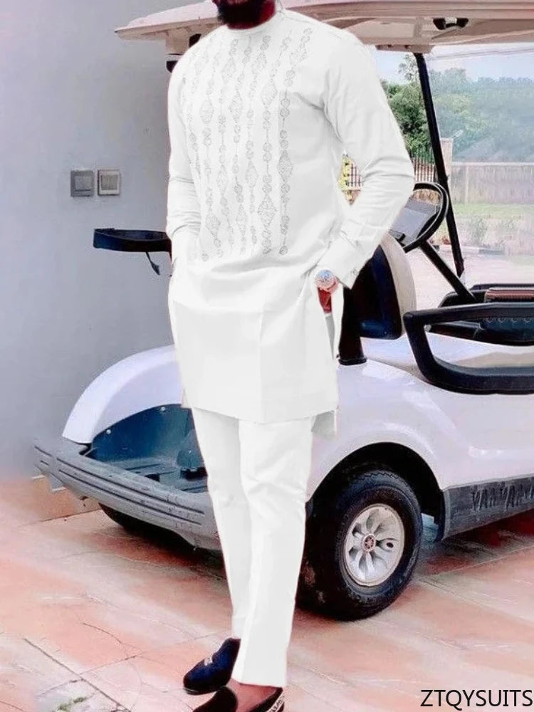 Ensemble deux pièces pour hommes, costume africain à manches longues, col rond, chemise imprimée, pantalon, tenues traditionnelles de fête de mariage, costumes Slim