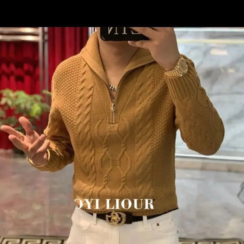 Pull épais à col pour homme, haut de gamme, tendance, décontracté, Semi-fermeture éclair, nouvelle mode automne et hiver