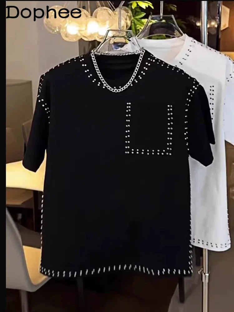 T-shirt tendance de luxe à manches courtes pour hommes, mode d'été,  rivets, col rond, décontracté