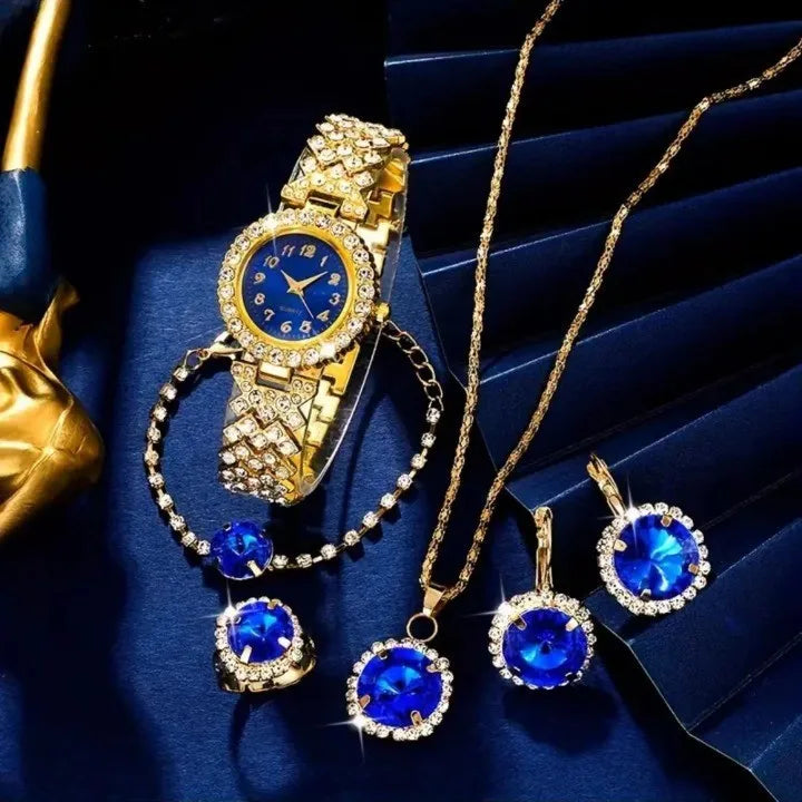 6 pièces/ensemble montre pour femme mode plein diamant Bracelet en acier pointeur montre à Quartz collier Bracelet boucles d'oreilles ensemble de bijoux (sans boîte)