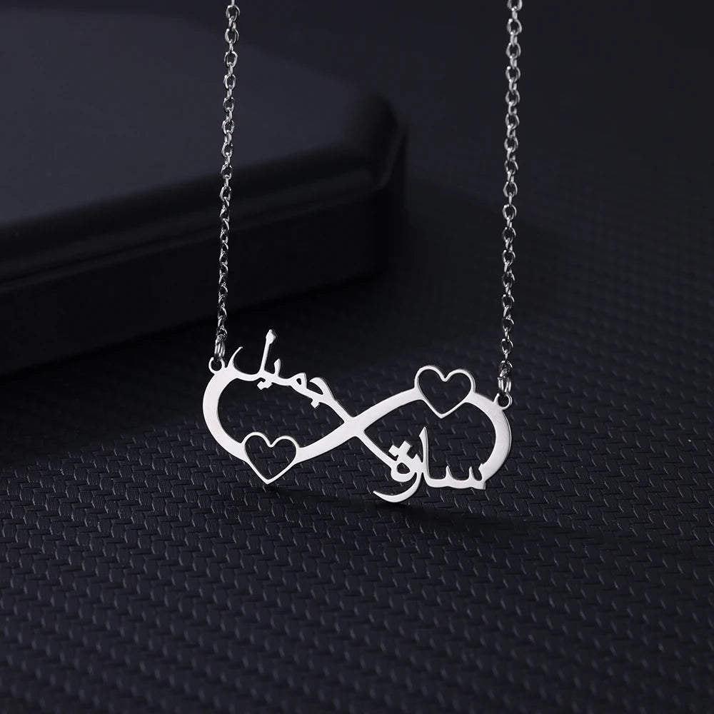 Colliers infini personnalisés à Double cœur et deux noms pour femmes, pendentif en acier inoxydable, bijoux personnalisés, cadeau