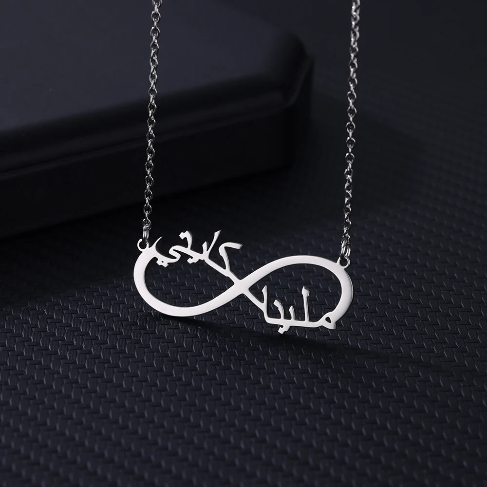 Colliers infini personnalisés à Double cœur et deux noms pour femmes, pendentif en acier inoxydable, bijoux personnalisés, cadeau