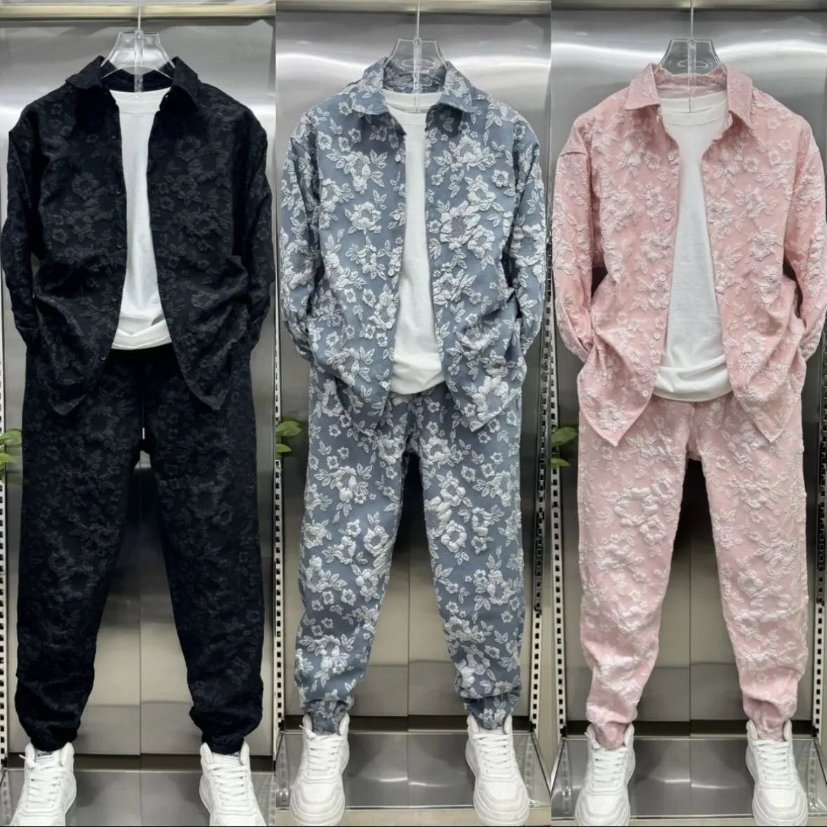 Ensemble Veste et pantalon en Jacquard gaufré tridimensionnel pour hommes, mode automne, costume deux pièces pour loisirs et sport