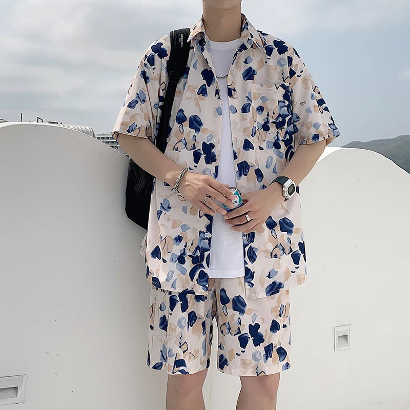 Ensemble de shorts assortis pour hommes, chemises à lettres rayées, tenues à imprimé floral, manches courtes, taille élastique, mince, surdimensionné, été