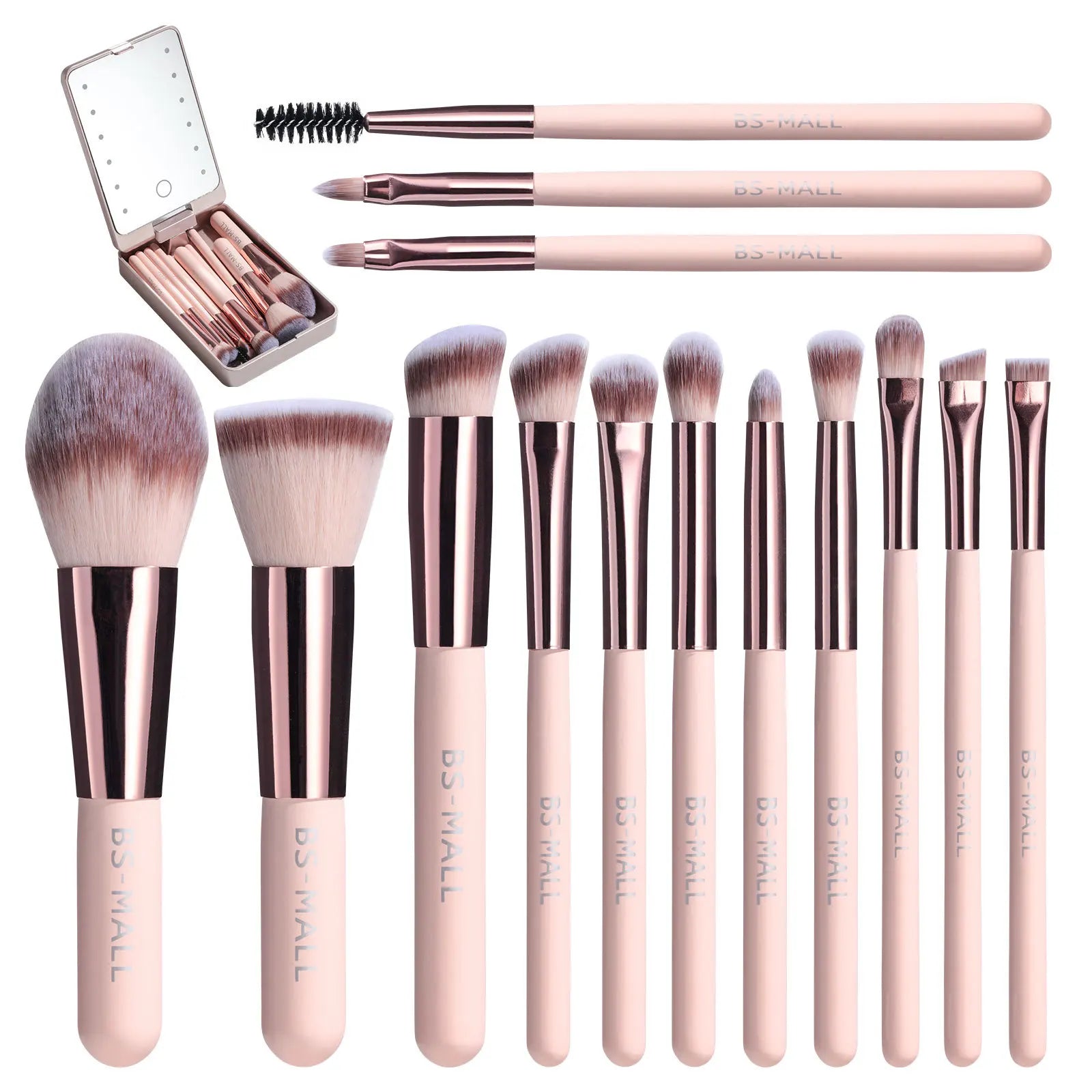 14 pièces ensemble de pinceaux de maquillage avec miroir éclairé Portable poignée courte lumière LED USB Kit de pinceaux de maquillage rechargeables