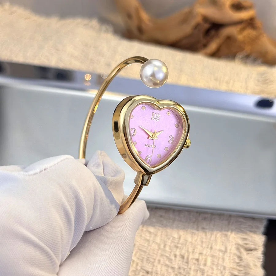 Montre Style Bracelet conception ouverte perle amour montre à Quartz, forme de coeur délicate, montre pour femme Portable nouveau style