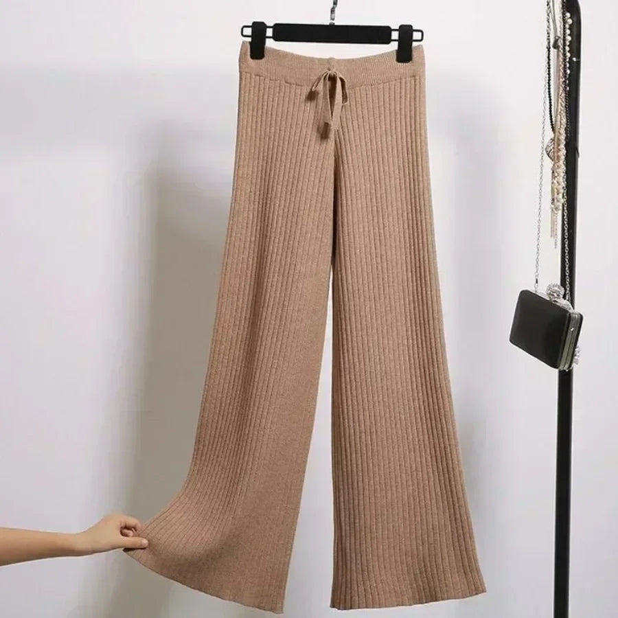 Pantalon drapé taille haute à jambes larges pour femme, décontracté, ample, en tricot, jambes droites, à lacets, couleur unie, 2026
