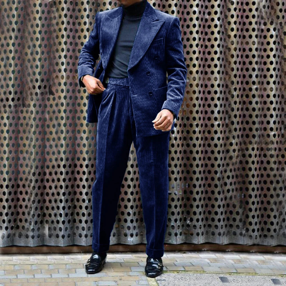 Ensemble Veste et pantalon en velours côtelé pour hommes, tenue de mariage décontractée, double boutonnage, revers Entièrement trempé, 2 pièces