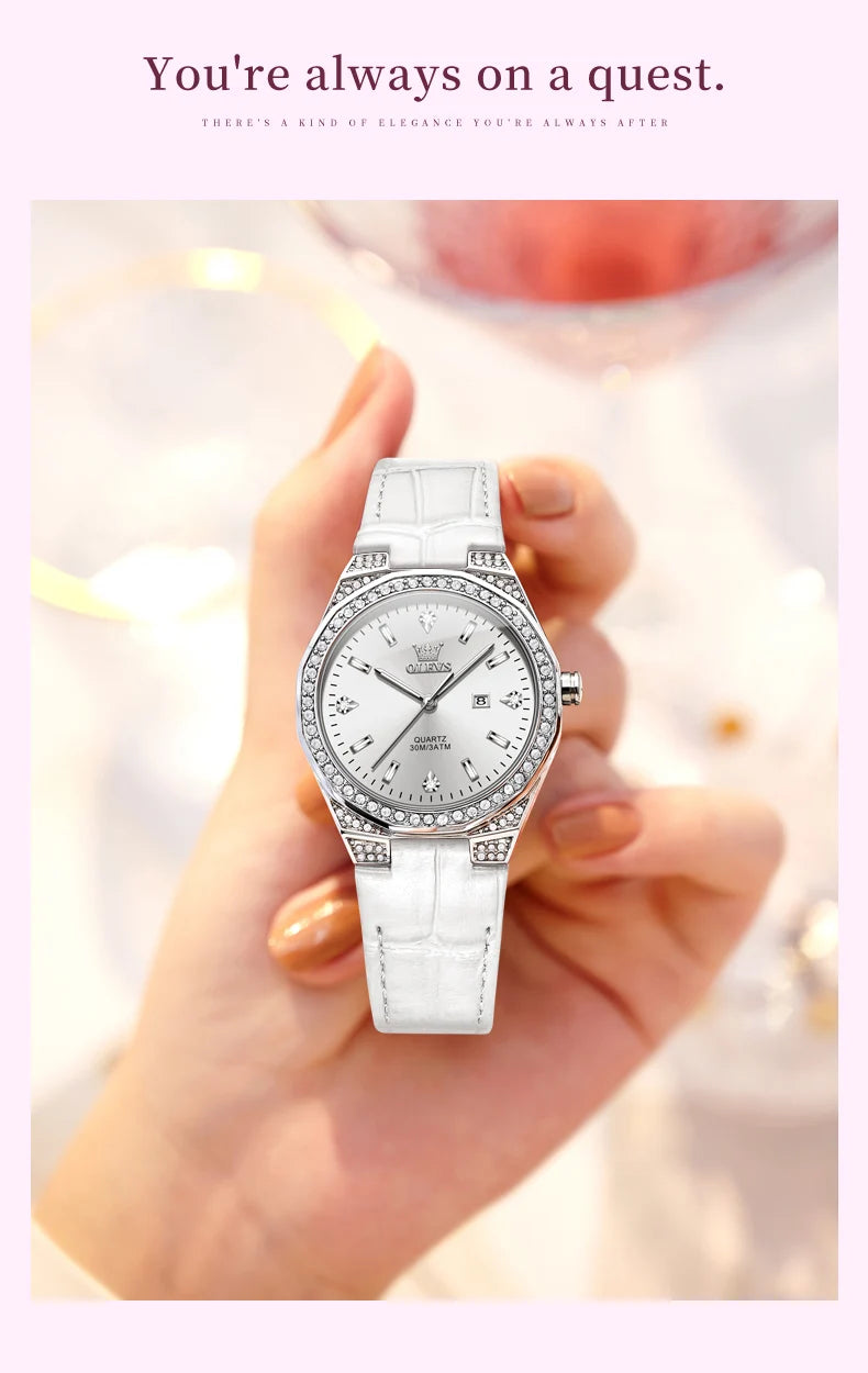 OLEVS Original femmes montres diamant tour mode bracelet en cuir 3m étanche lumineux dames montre-bracelet montre à Quartz pour les femmes