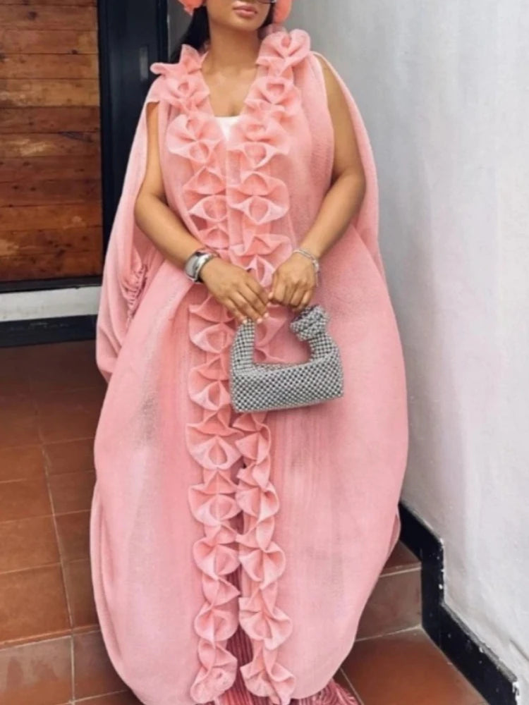 Ensemble deux pièces  élégant à volants, sans manches, Cape caftan ample, taille haute, jambes larges, pantalon plissé, nouveau2026