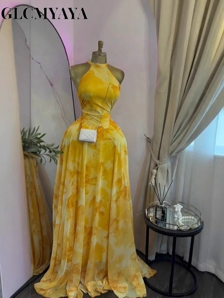 Robe pour  femmes imprimé sans manches avec ceintures ajusté et évasée  longues