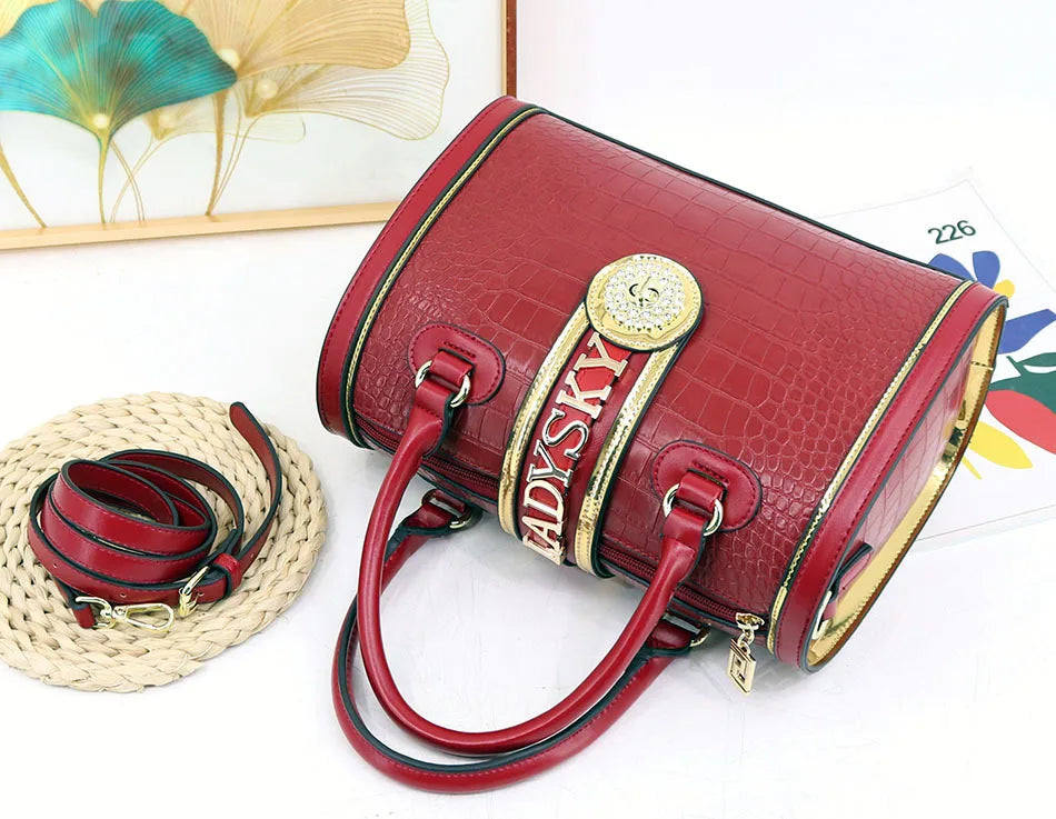 Sac à bandoulière classique rétro pour femmes, sac à main Boston Crocodile en relief, décoration de lettres, sac à poignée supérieure de haute qualité