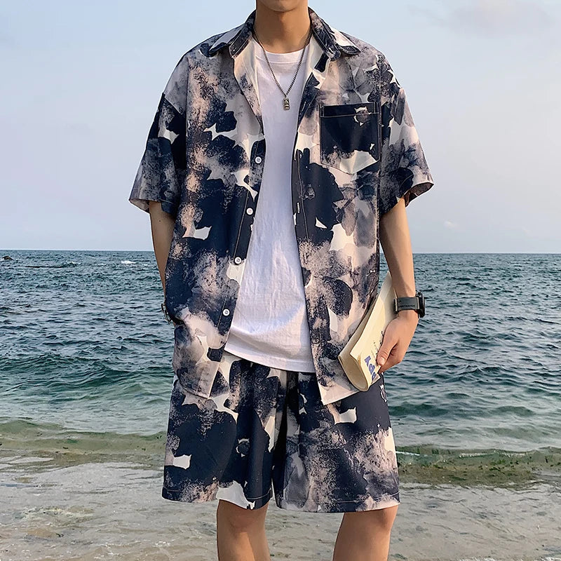 Ensemble de shorts assortis pour hommes, chemises à lettres rayées, tenues à imprimé floral, manches courtes, taille élastique, mince, surdimensionné, été