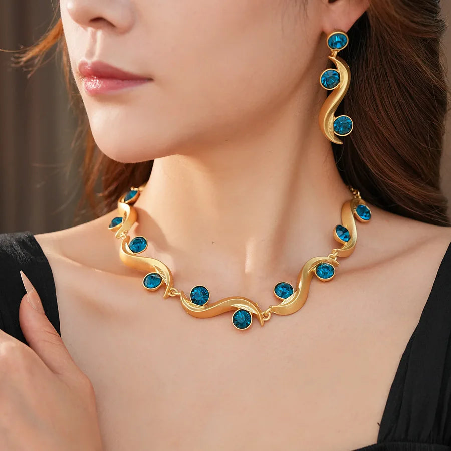 1/2 pièces Unique vague ronde longues boucles d'oreilles bleu strass chaîne réglable collier bohème femmes mode bijoux ensemble vacances N
