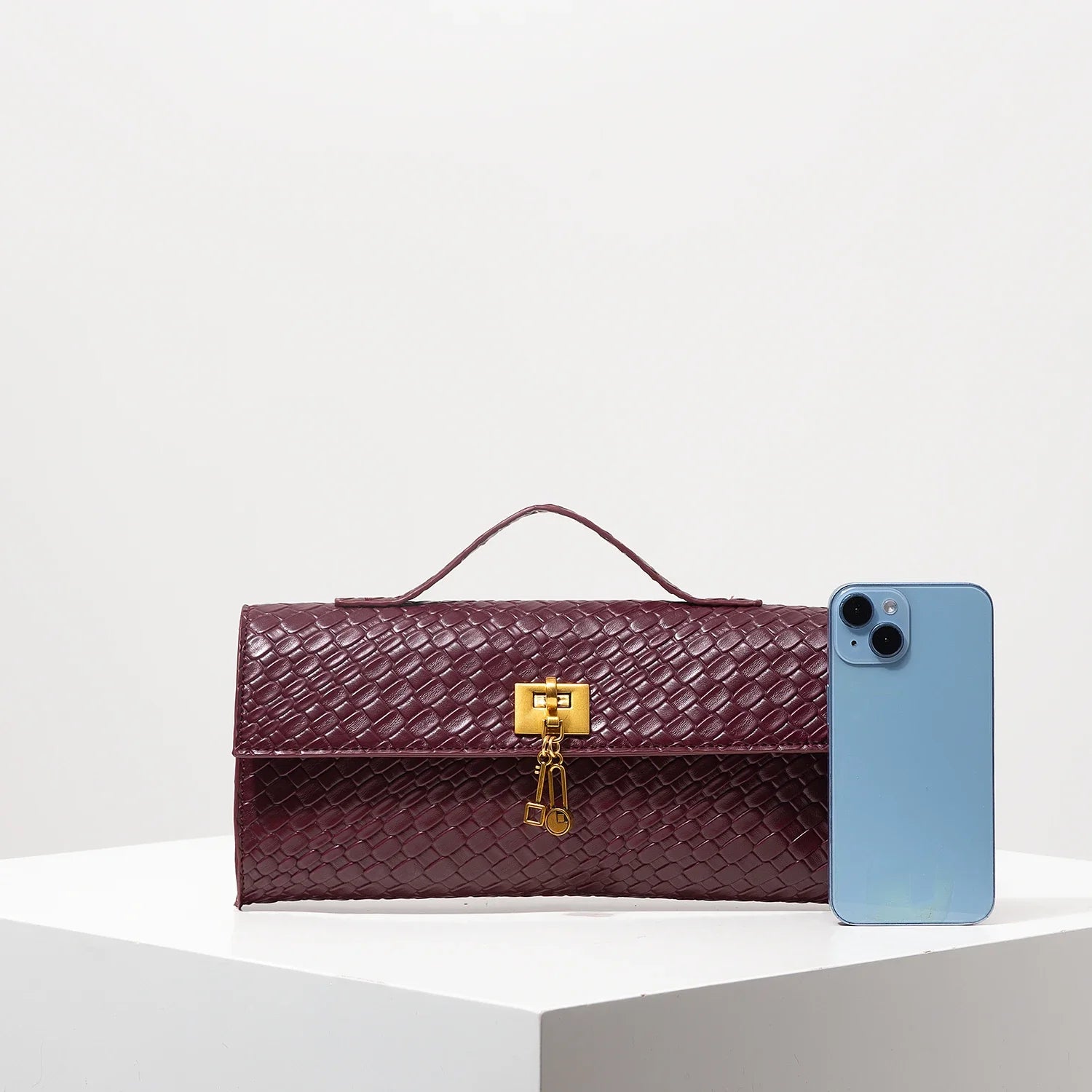 Sac à main rectangulaire tissé en simili cuir rétro, pochette pour femme, avec fermeture éclair, sac de dîner élégant, portefeuille rouge vin