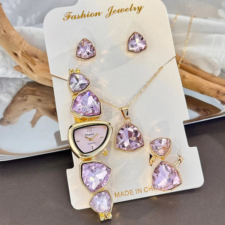 Ensemble de bijoux, cadeau quatre pièces  Montre à Quartz de luxe pour femmes, diamant coloré, forme irrégulière, collier, bague, boucles d'oreilles, , Trendsetter