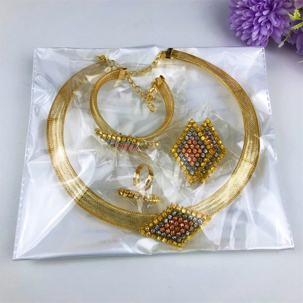 ESALE Nigeria Original 18K plaqué or ensemble de bijoux femmes grand collier audacieux boucles d'oreilles Bracelet bague accessoire de fête de mariage