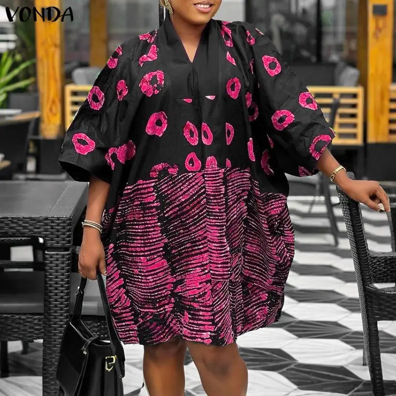 Tunique Grande taille bohème robes imprimer Mini robes femmes 3/4 manches col en v décontracté ample
