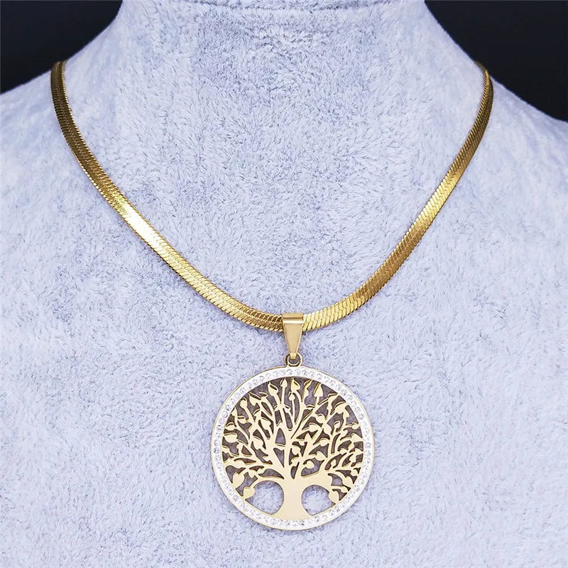 Collier ras du cou en acier inoxydable pour femme, bijoux en cristal, arbre de vie, document doré, colliers JOPresidence, N16S02