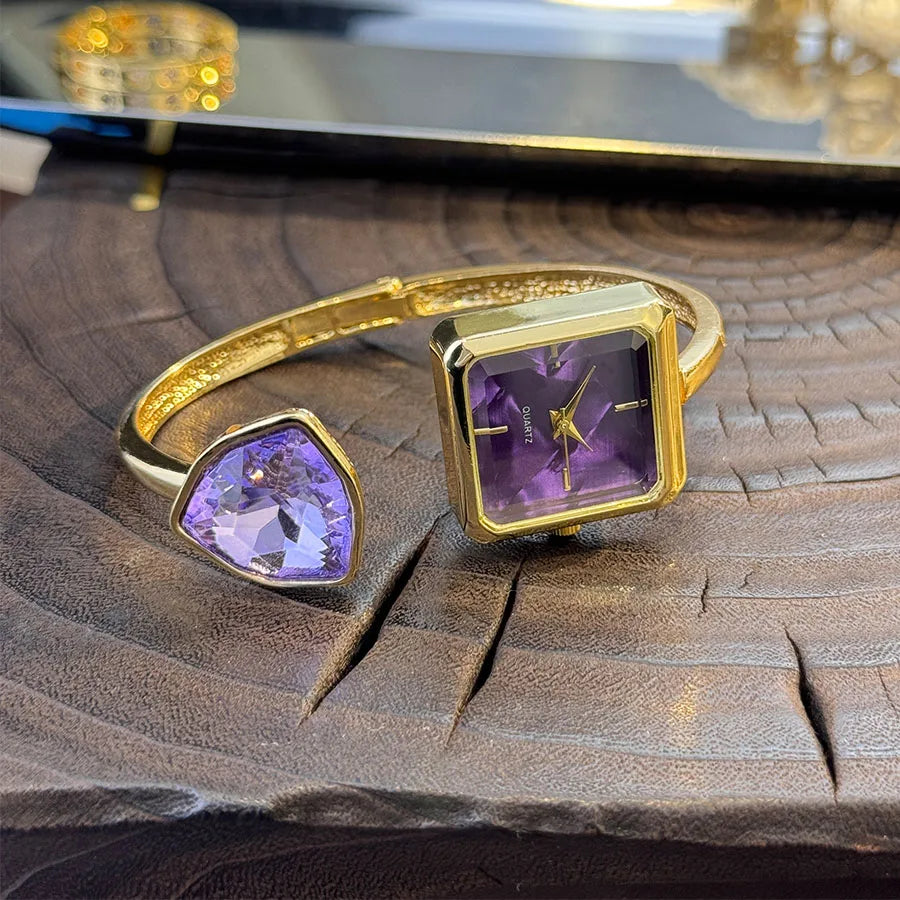 Nouvelle montre-Bracelet ouvert pour femme, forme assortie, couleur diamant, pierres précieuses, montre-Bracelet à Quartz haut de gamme, montre élégante pour paresseux