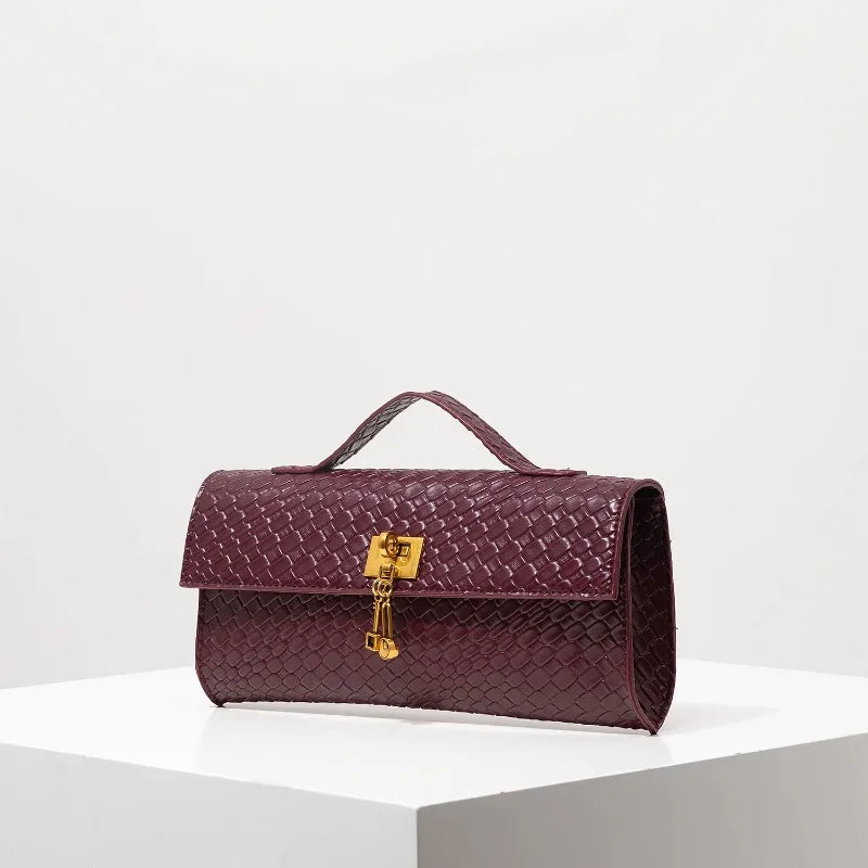 Sac à main rectangulaire tissé en simili cuir rétro, pochette pour femme, avec fermeture éclair, sac de dîner élégant, portefeuille rouge vin